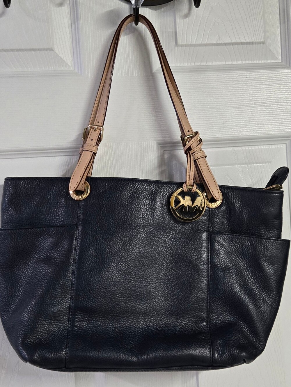 Michael Kors Navy Blue Leather Shoulder Tote with Nude Handles.